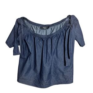 Paper Heart Blue Denim Off The Shoulder Tie Sleeve Top Cotton Chambray Small